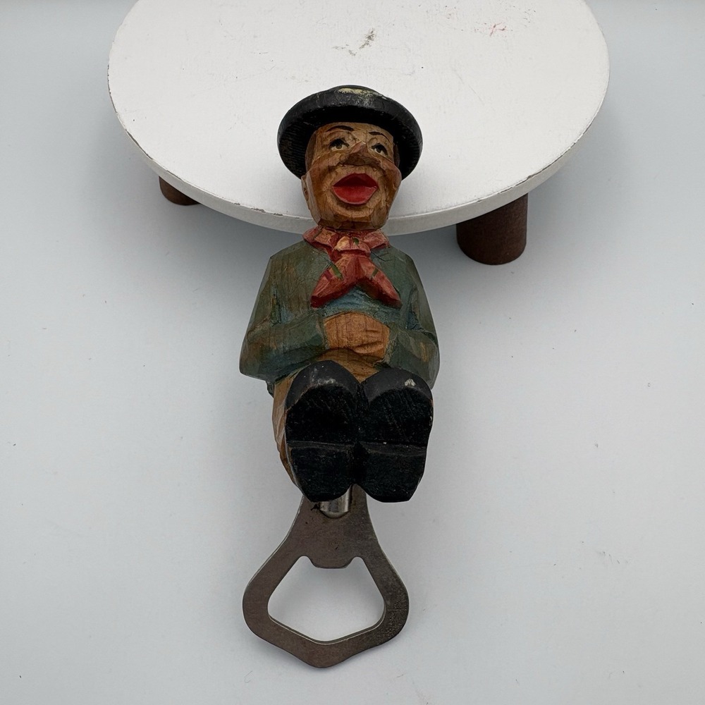 Hand Carved Black Forest Art Vintage Sitting Man Bottle Opener ANRI Style